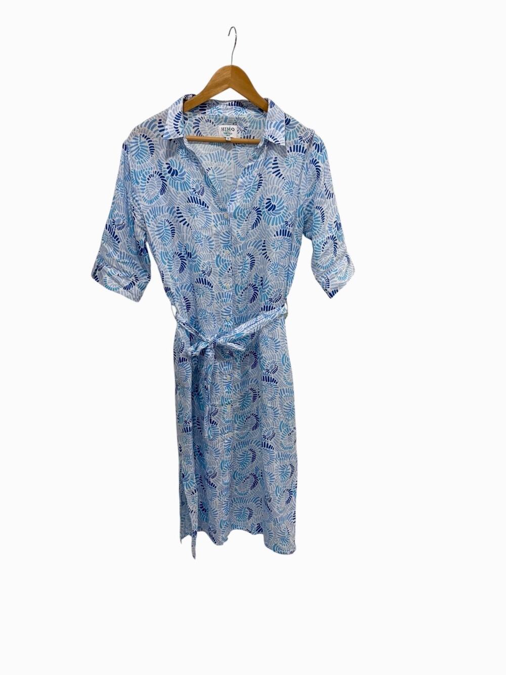 Hiho Blue Linen Shirt Dress Women's Medium Tie Waist Bright Vacation